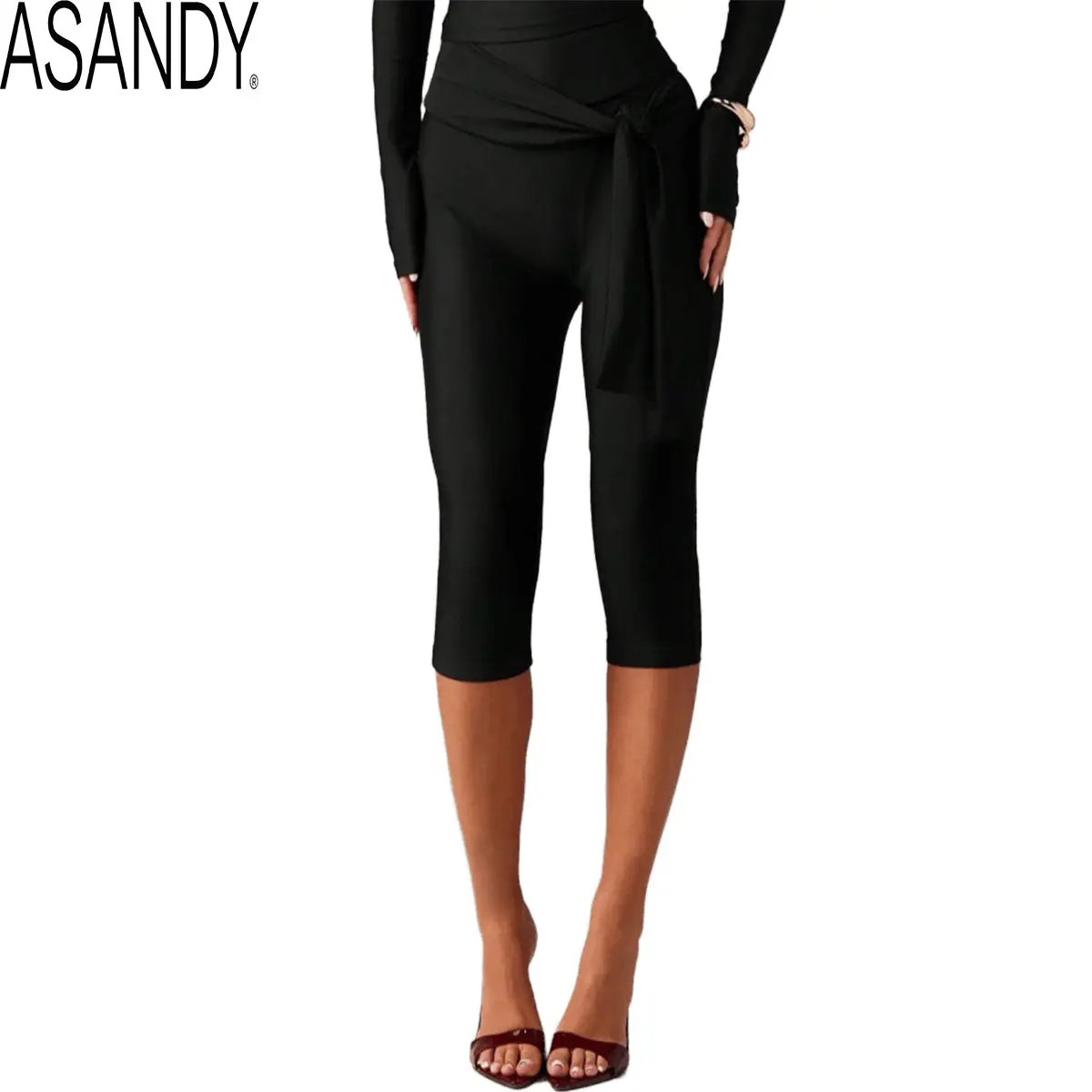 ASANDY Women's Tie-Front Capri Leggings, Buttery-Soft High Waisted Gym Bottoms with Ruched Tummy Control Waist for Yoga & Workout, Athleisure Leggings, Athletic Gym Pants, Fitness Leggings