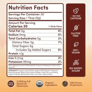 RYZE SUPERFOODS Mushroom Coffee Dark Roast, 6 Adaptogenic Mushrooms & Prebiotic Blend, Instant Coffee Supports Energy, Focus, Digestion & Immunity, Lions Mane & Turkey Tail, 30 Servings