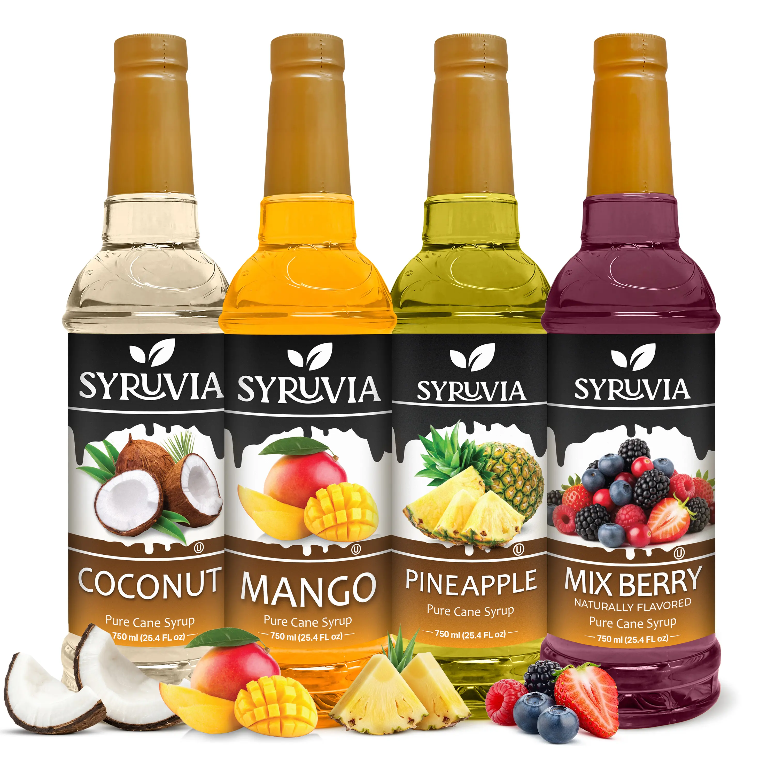 Syruvia Fruity Flavor Collection, Variety Pack – Coconut, Mango, Pineapple & Mix Berry Syrup – Perfect for Cocktails, Lemonades & More – 25.4 Fl oz Bottles (4 Pack)