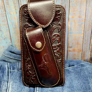 Longhorn Genuine Leather Phone Belt Holster and Knife Holder Floral embossed with belt loop and belt clip coffee color