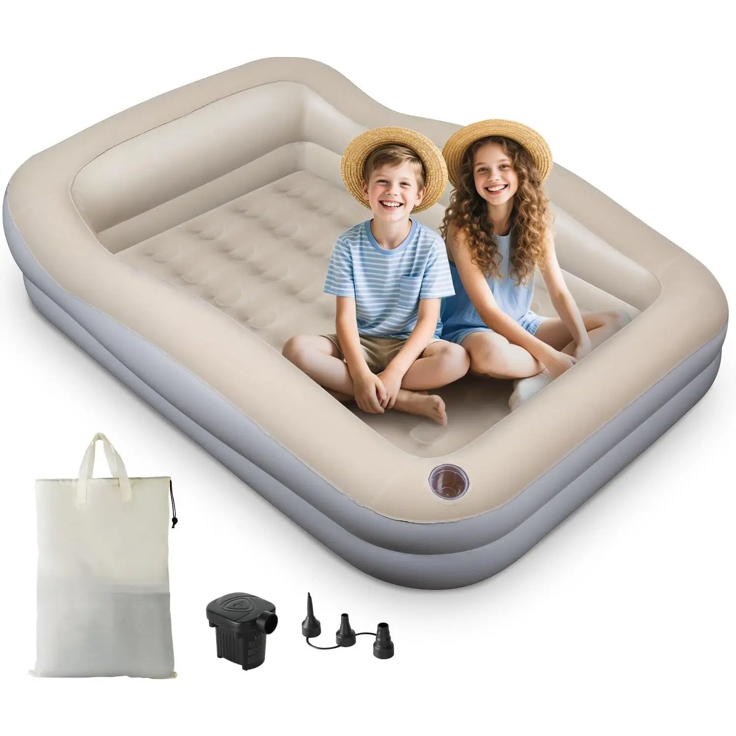 Inflatable Toddler Travel Bed – Portable Toddler Bed with Safety Bumpers, Toddler Floor Bed for Travel, Camping, Sleepovers – Kids Blow Up Bed with Pump &