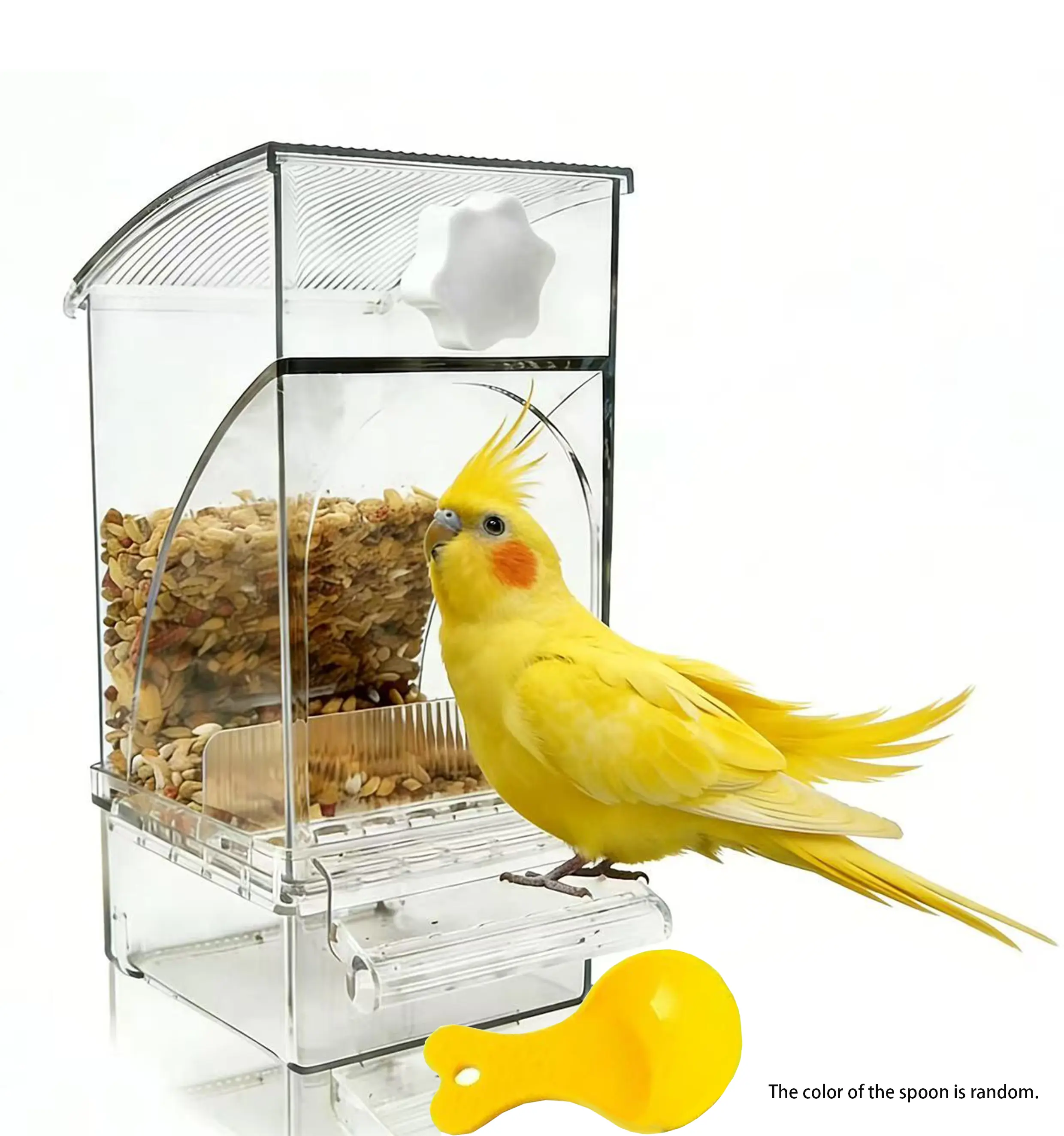 No Mess Bird Feeder for Cage - Automatic Gravity Food Dispenser with Perch, Clear Acrylic Seed Storage for Parakeets, Cockatiels, Budgies & Finches (Waste-Free Design)