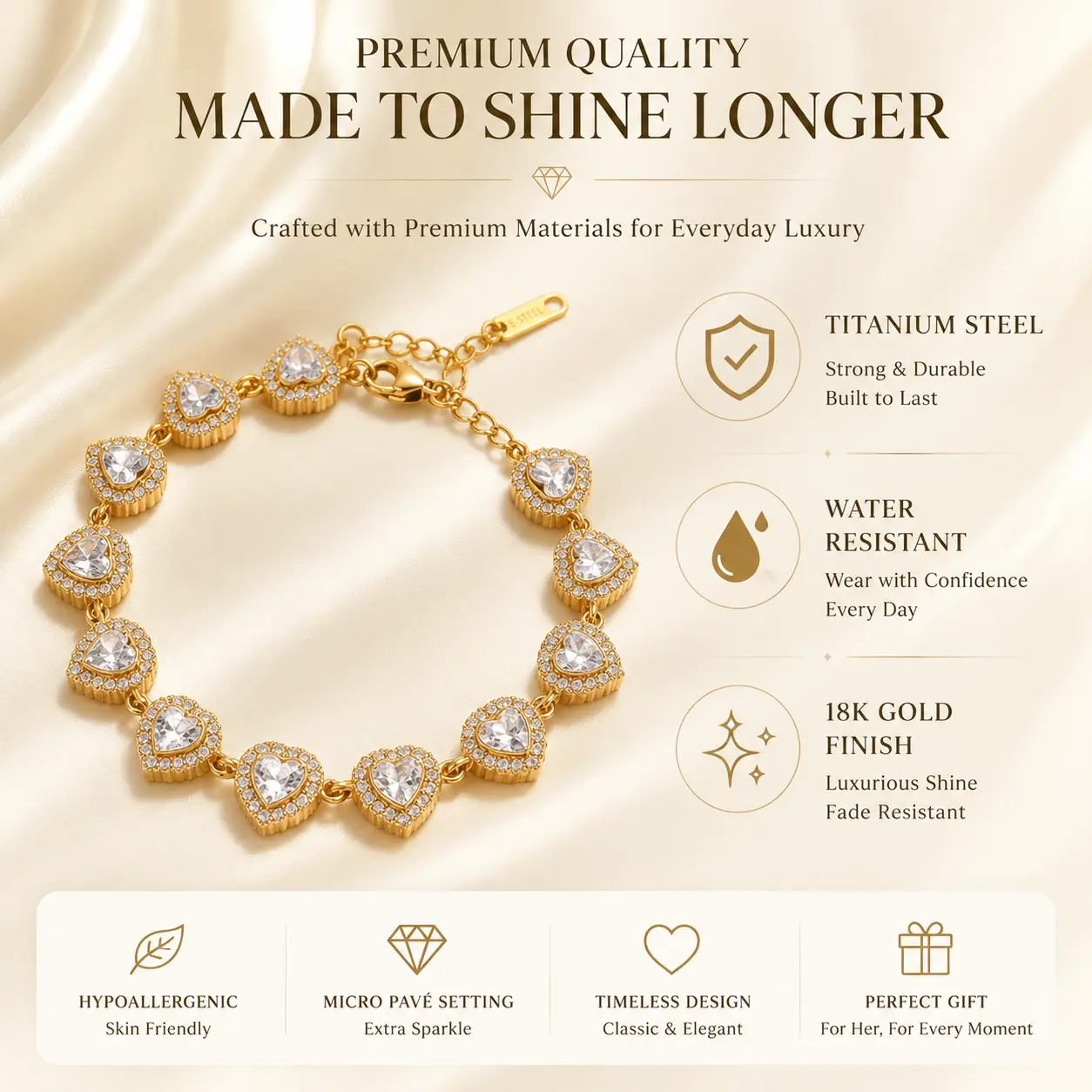 Luxury Heart CZ Pave Bracelet | 18K Gold Timeless Elegant Everyday Wrist Jewelry