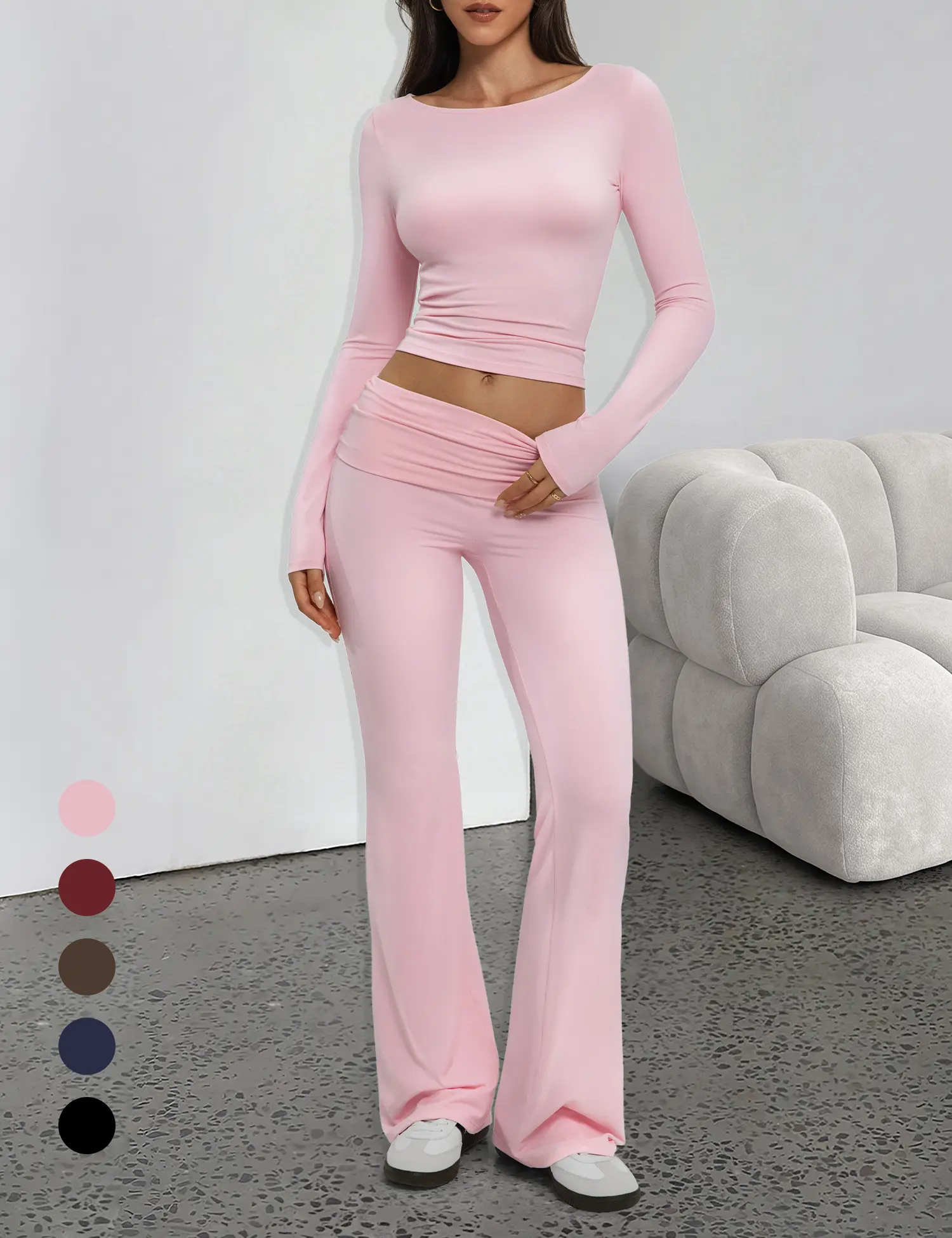 Tournesol Women's Minimalist 2 Piece Matching Pants Set, Soft Slim Fitted Boatneck Long Sleeve Top & Foldover Waist Wide Leg Trousers, Basic Casual Lounge Outfit for Daily Wear, Womenswear 030