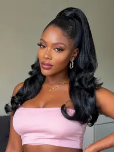 16 inch Half Up Half Down Ponytail Set  2 in 1 Kinky Straight Clip in Wrap Ponytail Hairpiece Black  Long Thick  Pony Tail with Clip in Hair Pieces for Women