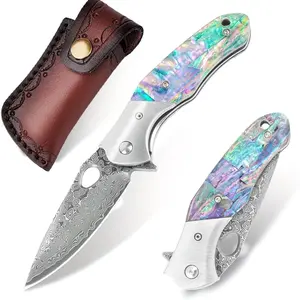 Small knife with Damascus steel pattern for everyday kitchen and restaurant use. Colorful abalone shell handle designed ergonomically. Includes leather sheath; ideal as a holiday gift. outdoorfun