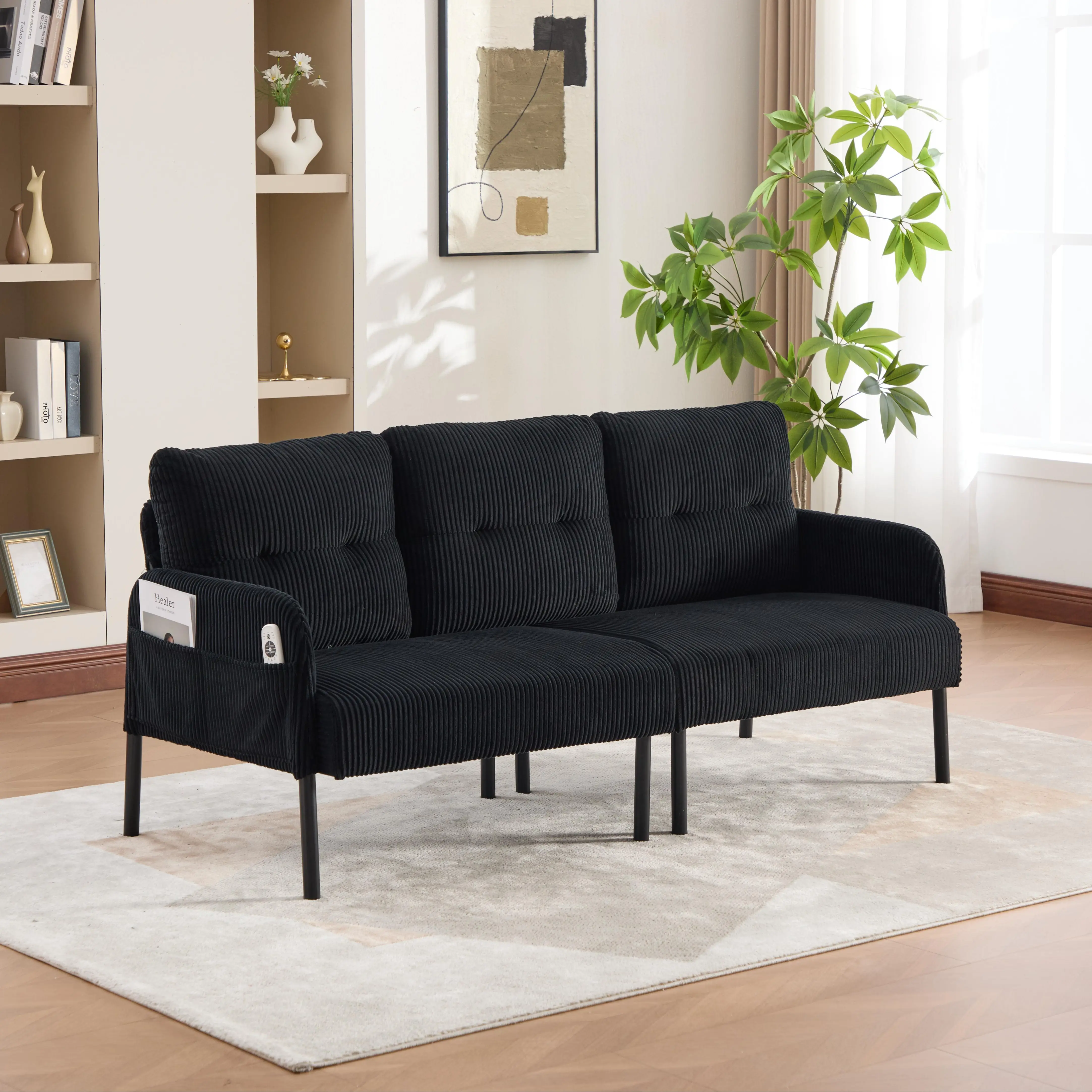 Cozy Corduroy 2-Seater Loveseat Couch - Oversized Modern Plush Upholstered Sofa with Metal Legs, Side Pockets, Bedroom Decor, Dorms, 2-Seater Living Room Furniture, Indoor Accent Pieces