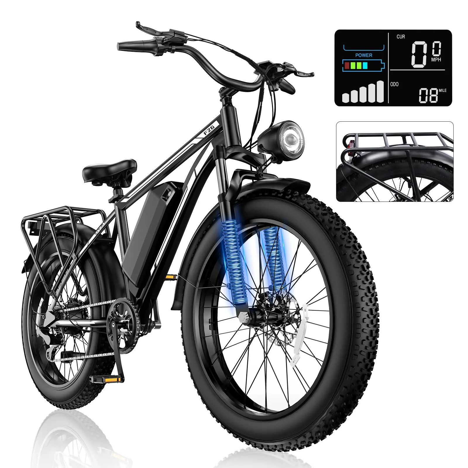 Adult 26-Inch Off-Road Electric Bike, 1000W 48V 15.6Ah Battery, 20-Inch Fat Tires, Dual Suspension, 50KM/H Top Speed, 35-50KM Range, Shimano 7 Gears, Front & Rear Drive, CE UL2849 Approved