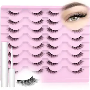 False Eyelashes with Eyelash Glue, 16 Pairs Natural Look Eyelash Extensions Set, Self Grafting Curl Eyelashes, Eye Makeup Product for Women & Girls, Diy Eyelash Extensions, Beginner Friendly Lashes