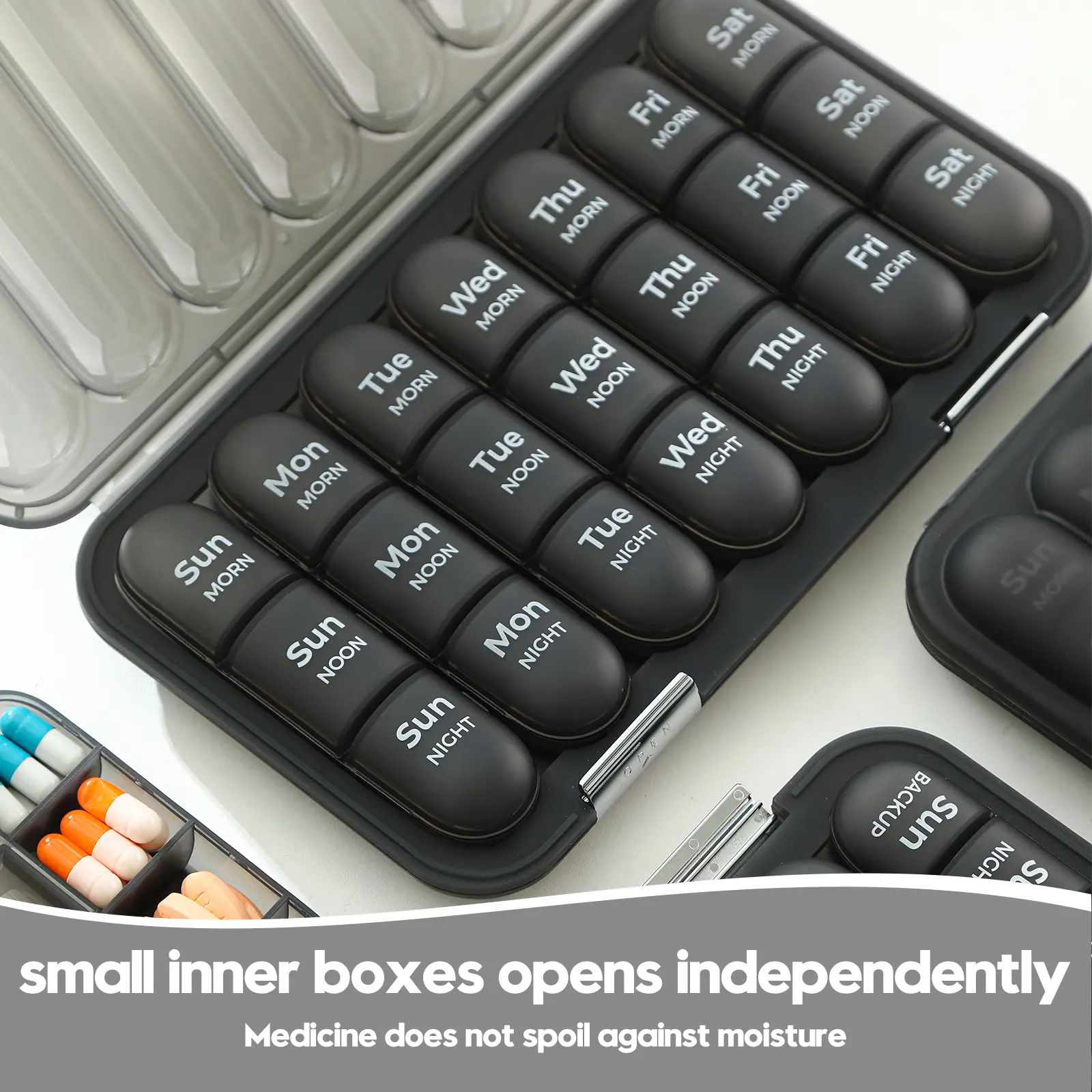 XL Weekly 7-Day Pill Organizer - Compartmentalized Food Grade BPA-Free Plastic Dispenser for Youth & Adults, Large Push-Button Compartments, 3&4 Times a Day Spring Open Design, Non-Slip Matte Black, Easy Filling, Privacy Protection