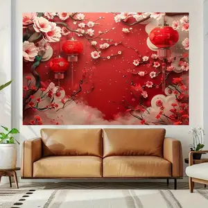 2D Flat Banner Party Sign, 1 Piece China Asian New Year Party Background, Festival Lanterns, Spring Festival Floral Photography Backdrop