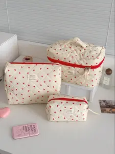 Heart Pattern Quilted Makeup Bag Set, / Portable Zipper Makeup Bag, Lightweight Storage Bag, Travel Toiletry Bag, Daily Makeup Bag, Cosmetic Pouch