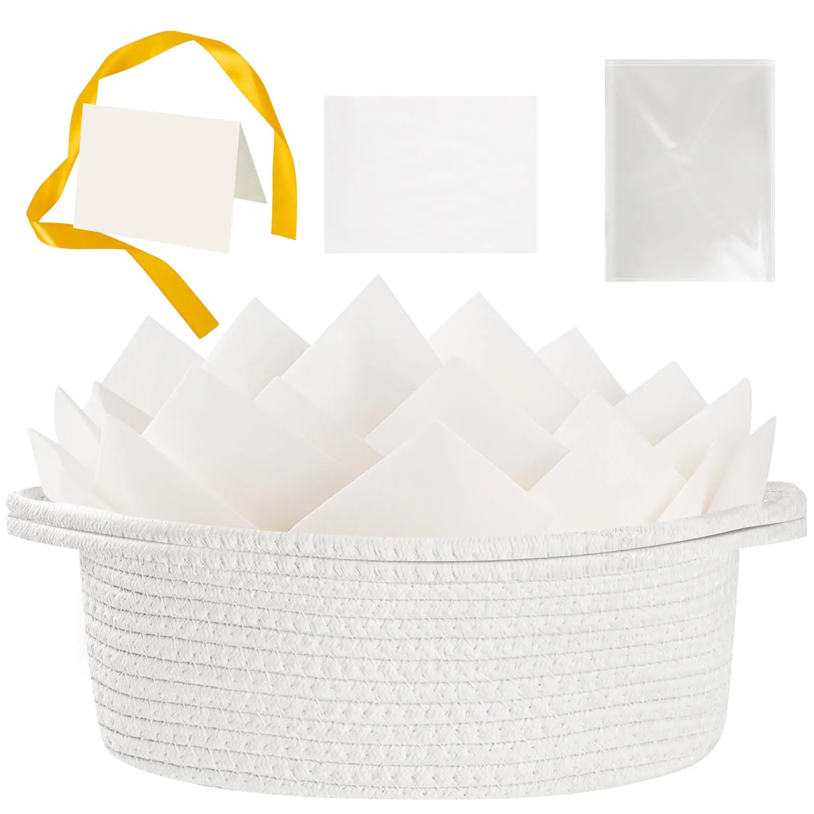 Woven Basket Gift Basket Storage Baskets with Handles for Wedding Gifts Empty Mothers Day Graduation Gifts Stuffers Baby Shower Toy (White 12"X 8" X 5" with Gift Bag Card Ribbon Tissue Paper)