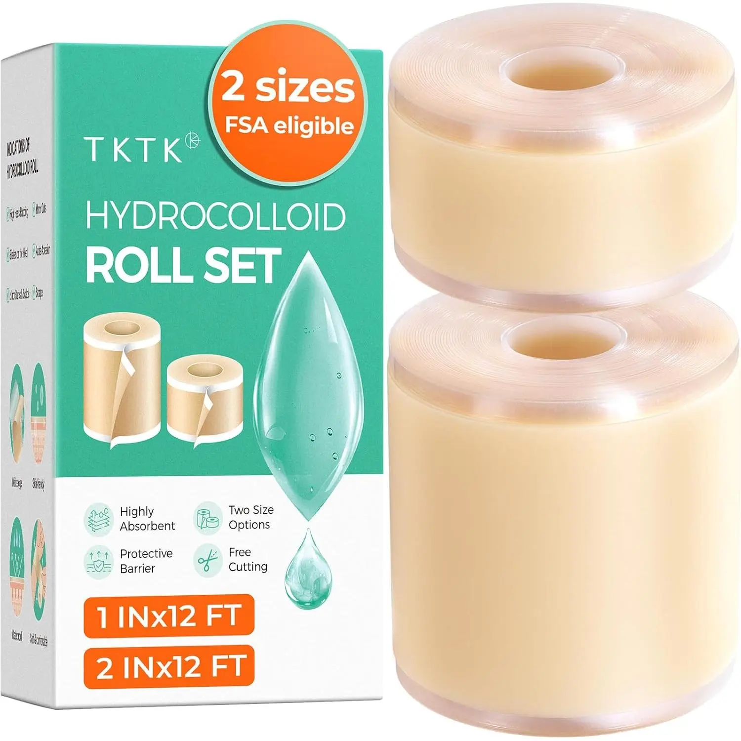 2-Size Hydrocolloid Roll, (2in*12ft + 1in*12ft) Hydrocolloid Bandages, Hydrocolloid Patch for Acne, Wound, Burn, Blister Care, Pimple Patches with Easy-Peel Backing, Waterproof & Ultra Absorbent