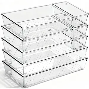 8 Pack Large Clear Plastic Drawer Organizer Bins -  Bathroom Drawer Organizer Trays - Heavy Duty Kitchen Drawer Dividers for Utensils - Non-Slip Storage Bins for Makeup, Bedroom, Office Desk