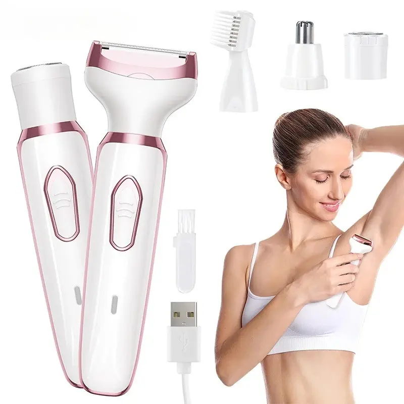 Women's Electric Shaver, Four-In-One Bikini Trimmer, Wet&dry Face Razor, Pain-Free Eyebrow Trimmer, Cordless Shaver, Suitable for Face Nose Body Leg Vaginas Armpits, USB Rechargeable Shaver