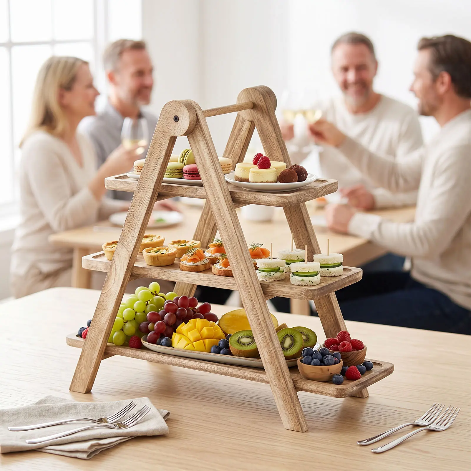 LOVEWE 3-Tier Rectangular Wooden Serving Stand, Farmhouse Tiered Tray Decor for Cupcakes Desserts Fruits, Multi-Purpose Display Platter for Wedding Tea Party Daily Home Use