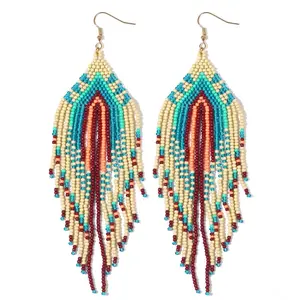 Bohemian-style beaded tassel earrings | Ethnic-style acrylic seed beads and brass studs, suitable for women aged 15 and up | Elegant party or beach casual accessories jewelry daily