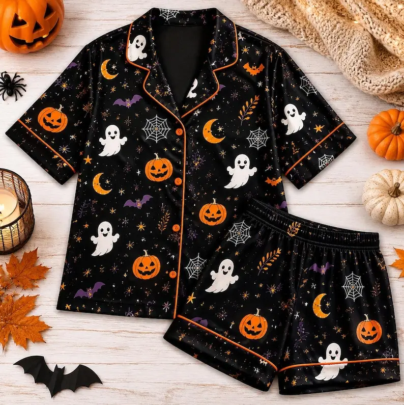 Spooky Ghost Pumpkin Bat Pajama Set, Halloween Loungewear Sleepwear