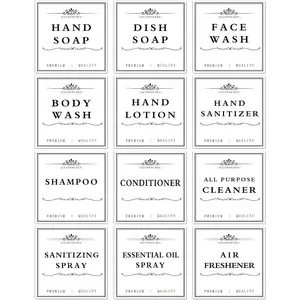 12 count  Soap Labels for Glass/Plastic Bottles, Farmhouse Bathroom/Kitchen Hand Soap Dispenser Label Stickers, Removable Cleaning Labels for Soap, Lotion, Shampoo and Conditioner