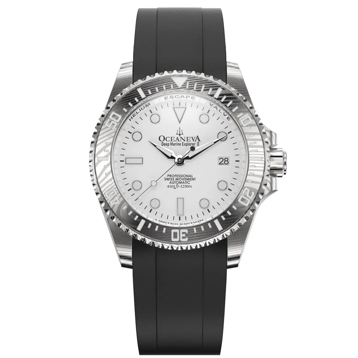 Oceaneva Men's Deep Marine Explorer II - 1250M Swiss Dive Watch with Damascus Steel White Dial & FKM Rubber Band