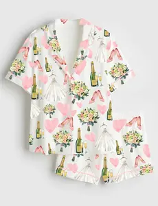 Women’s Bride Wedding Champagne Short Sleeve Pajama Set #Pajamas