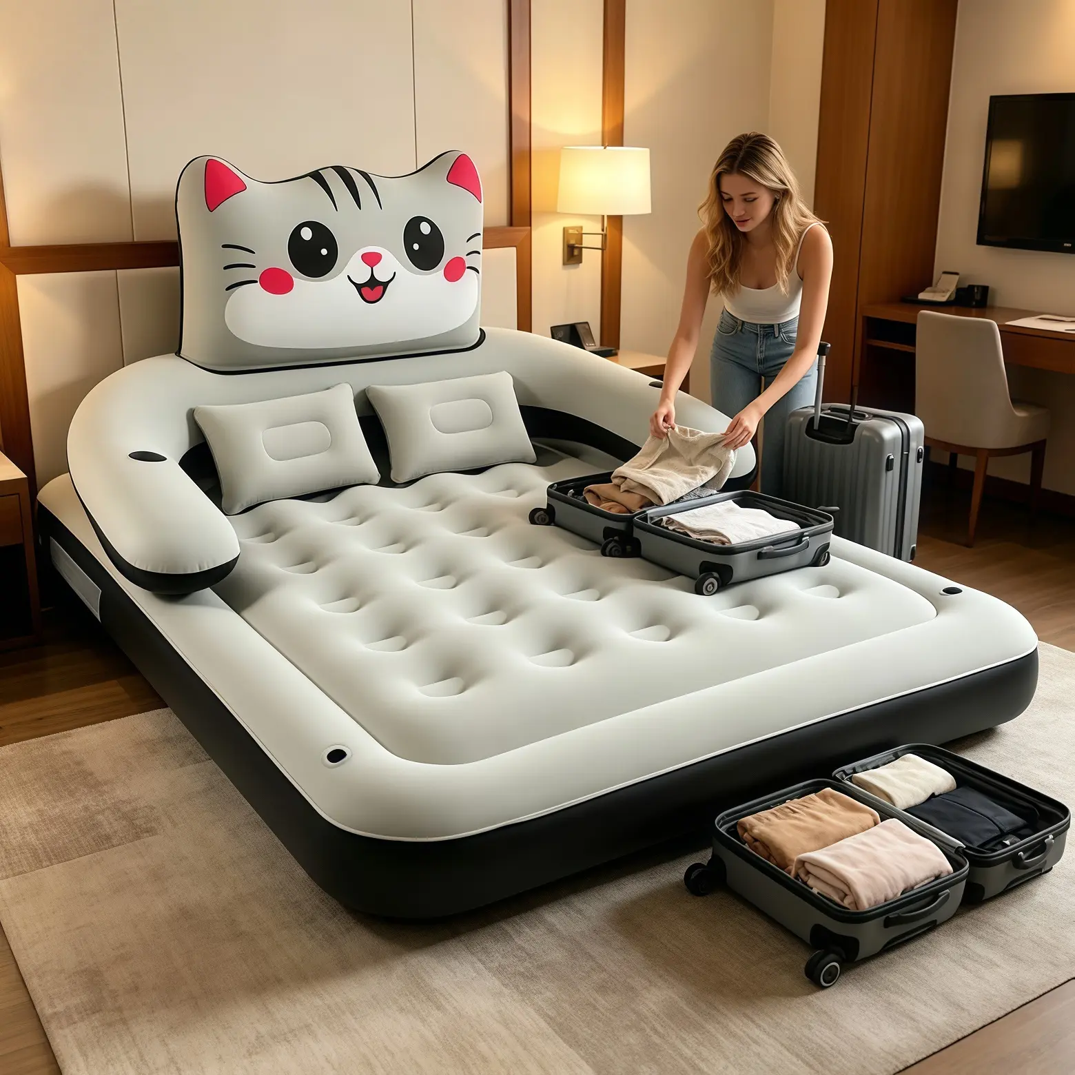Cute Kitten Printed Air Mattress, Heavy-Duty Portable Inflatable Bed, Perfect for Indoor Nap, Outdoor Camping, Garden & Long Travel