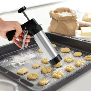 Churrera Churro Maker Machine Stainless Steel Cookie Press Multipurpose Cookie Press Kit Featuring 16 Cookie Discs and 8 Icing Tips Practical Cookie Press for Baking for DIY Biscuit Cake Dessert Making