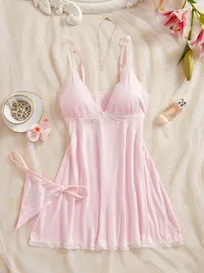 Lace Transparent Halter Sleepwear Loungewear Homewear Matching Set, Skin-Friendly Breathable Slimming, Women's Home Date, 2 Pieces, Underwear