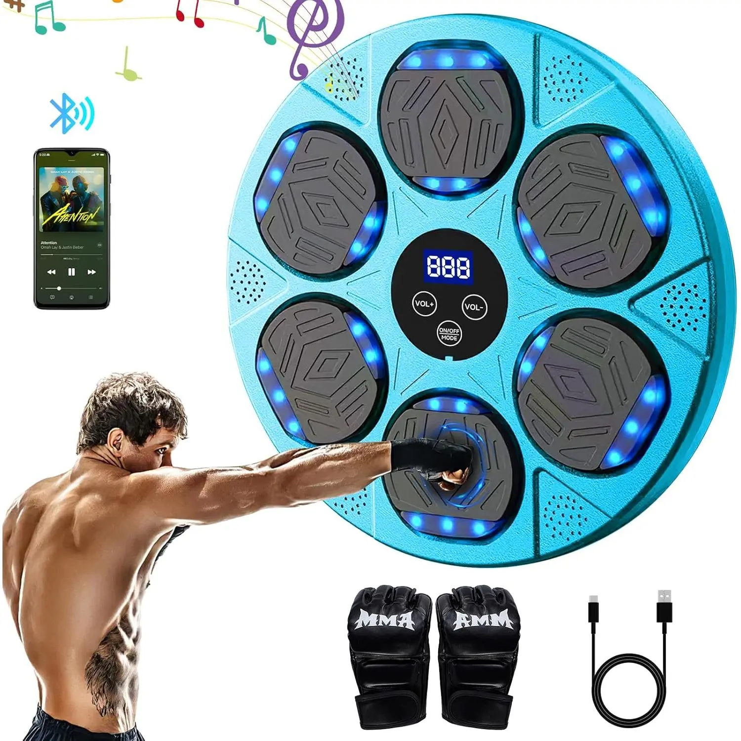 Electronic Music Boxing Machine, Smart Wall-Mounted Target with Gloves, Bluetooth, 9 Speeds & Adjustable Height for Home & Office Use - Boost Mood & Relieve Stress, At Home Gym, Wall Mount, Plastic, Velcro Straps, Usb Charging, 9-Mode Speed Switching, 41