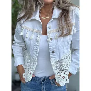 Women's Fashionable Lace-Trimmed Short Denim Jacket, With Lace Craftsmanship And Tassel Pendants, Casual White Denim Top, Suitable For Spring And Autumn.
