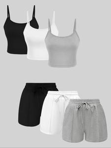 women's solid ribbed crop cami top & drawstring waist shorts set, casual sleeveless crop top & shorts for summer, summer outfits 2024, ladies clothes for daily wear, activewear, workout clothes women
