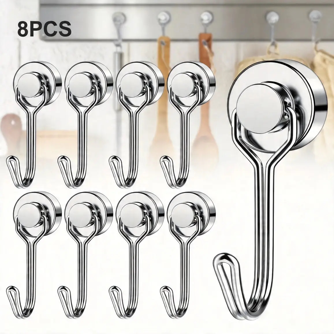 8-Pack Modern Sturdy Silver Heavy-Duty Stainless Steel Magnetic Hook Hangers Set, No-Drill Adhesive Mount Organiser with No-Trace Hanging, Lockable Flip-Top Solid Wood Design for Bathroom/Kitchen Storage, Weatherproof Home Accessory