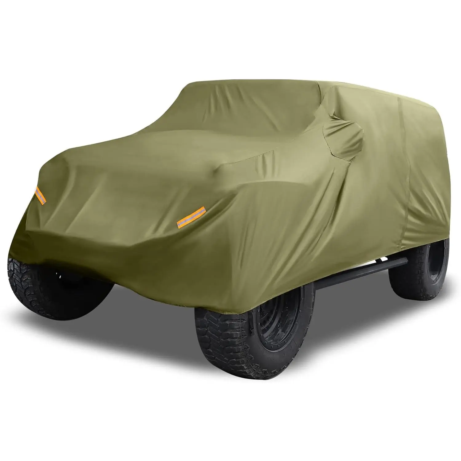 Vehicle-Specific Fit SUV Car Cover for Jeep Wrangler JK-JL 2-Door (2007-2021), 210D Oxford Cloth Dark Green, Outdoor All-Weather Winter Snowproof Protection, 440x190x150cm, Fluorescent Orange Reflective Bars, Elasticized Hem, Waterproof Bag