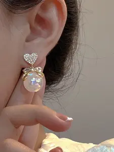 Cute Bow Design Heart Earrings Synthetic Pearl Dangle Earrings for Women, Wedding Engagement Jewelry, Birthday Valentine's Day Gift, Fashionable Jewelry Accessories