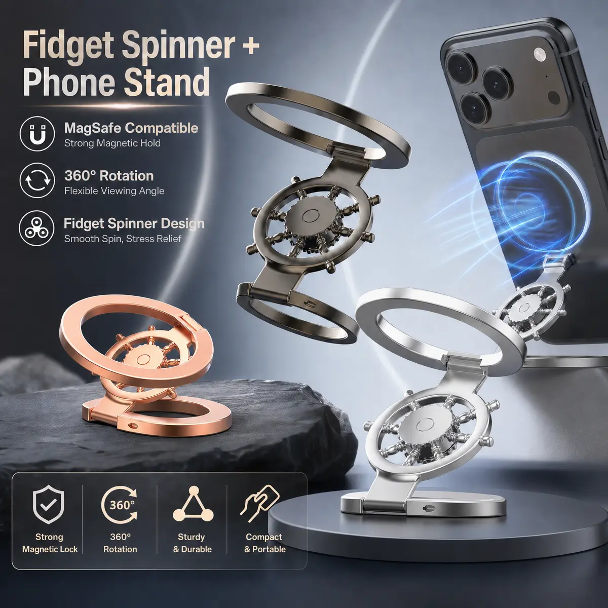 2-in-1 Magnetic Phone Mount Fidget Spinner | MagSafe Compatible 360° Rotatable Foldable Stress Relief Fidget Toy for Adults