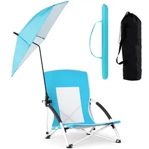 COSTWAY Low Folding Beach Chair with Detachable & Adjustable Umbrella, Carrying Bag, Padded Armrests, Mesh High Back, Load 330 LBS, Anti-Slip Foot Pads, Camping Chair for Picnic, Lawn