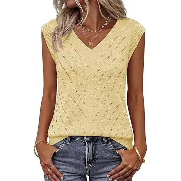 MEROKEETY Womens Summer Sleeveless Knit Tank Top 2026 V Neck Sweater Vest Casual Eyelet Blouse Shirts Outfits Fashion Clothes