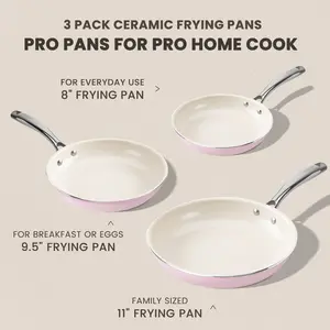 【Mother's Day Gift】Kikcoin 3-Piece Ceramic Nonstick Frying Pan Set – 8" 9.5" 11", PFAS/PTFE/PFOA Free, Non-Toxic, dishwasher safe,Stay-Cool Stainless Steel Handle, Dishwasher & Oven Safe