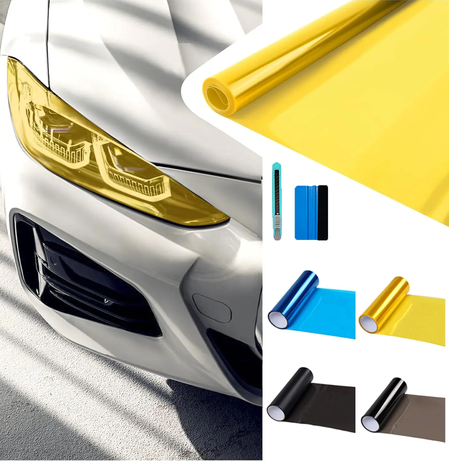 12×60 Inch Car Headlight Tint Film,Self-Adhesive Tail Light Tint Film Kit with Squeegee & Cutter,Universal Taillight Tints Films Automotive Exterior Accessories for Car Fog