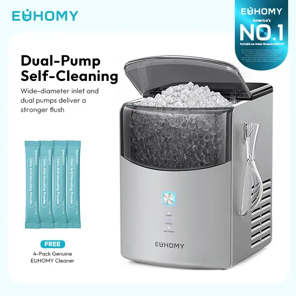 Euhomy Countertop Nugget Ice Making Machine - 35Lbs Daily Pebble Ice Ready In 5 Mins, Dual Pump Self-Clean Compact Automatic Icemaker With Basket, Scoop & Cleaning Packs (Grey, Under Cabinet Compatible)