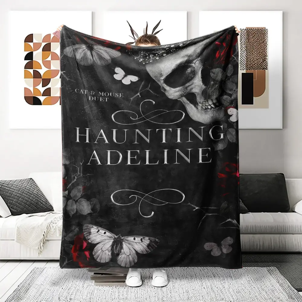 Haunted Adeline Gothic Horror Flannel Throw Blanket - Skull Butterflies Design, Soft Cozy Lightweight Warm Single Blanket, Haunted Vibe for Dark Corners, Gothic Fans Gift, Whimsical Home Decor, Room Decor, Couch Bed Use, Haunted Gothic Vibe For Dark Corne