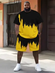 Men's Large Size Casual Hip-Hop Geometric Print Short Sleeve T-Shirt + Shorts Set, Loose-Fitting, All Seasons, Modern Style