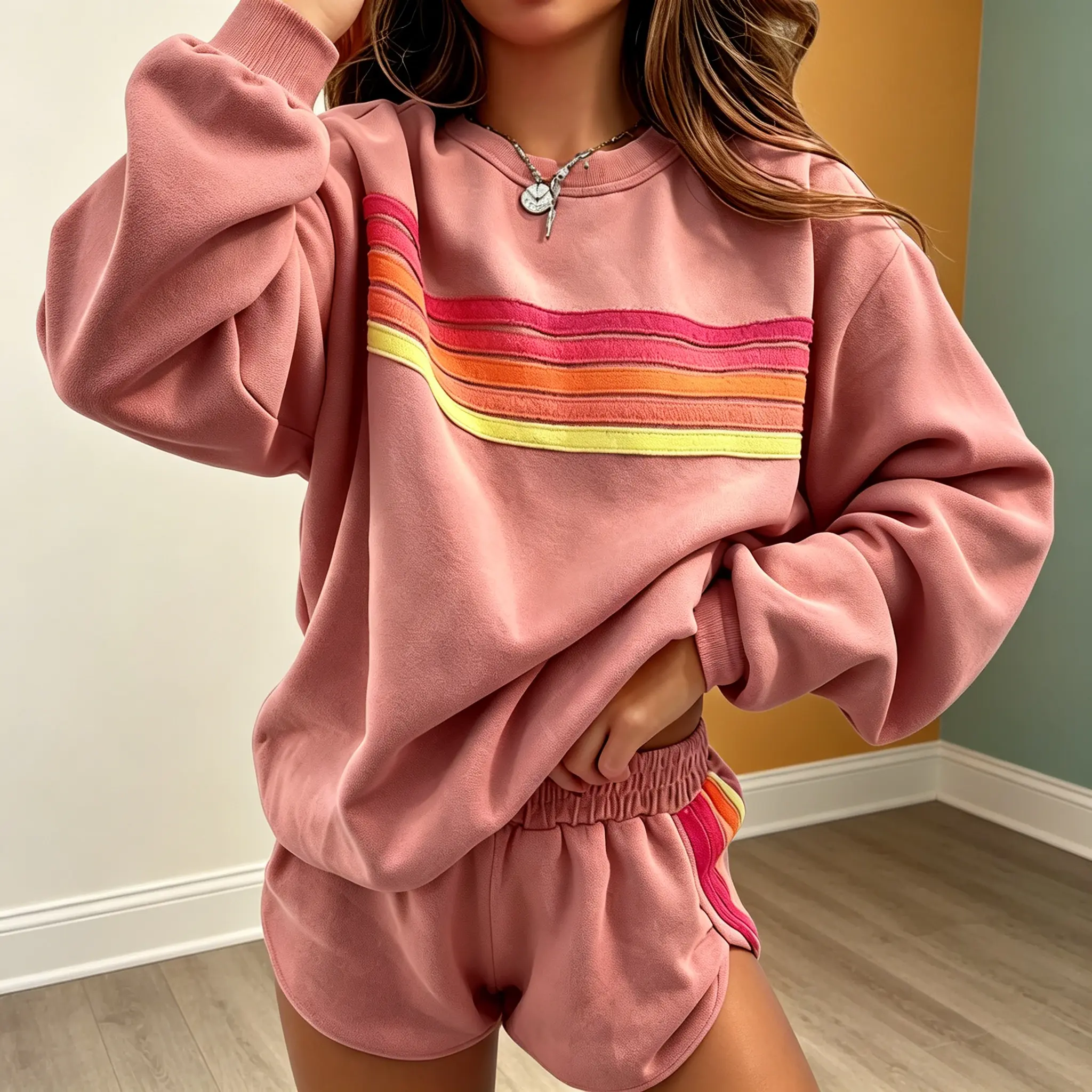 Rainbow Distressed Striped Set | Washed Effect & Brushed Texture  |  Cropped Striped Set | Fitted Top & Hot Pants strip accent basic minimalist clothes womenswear suit long sleeve winter big brands fall season wear