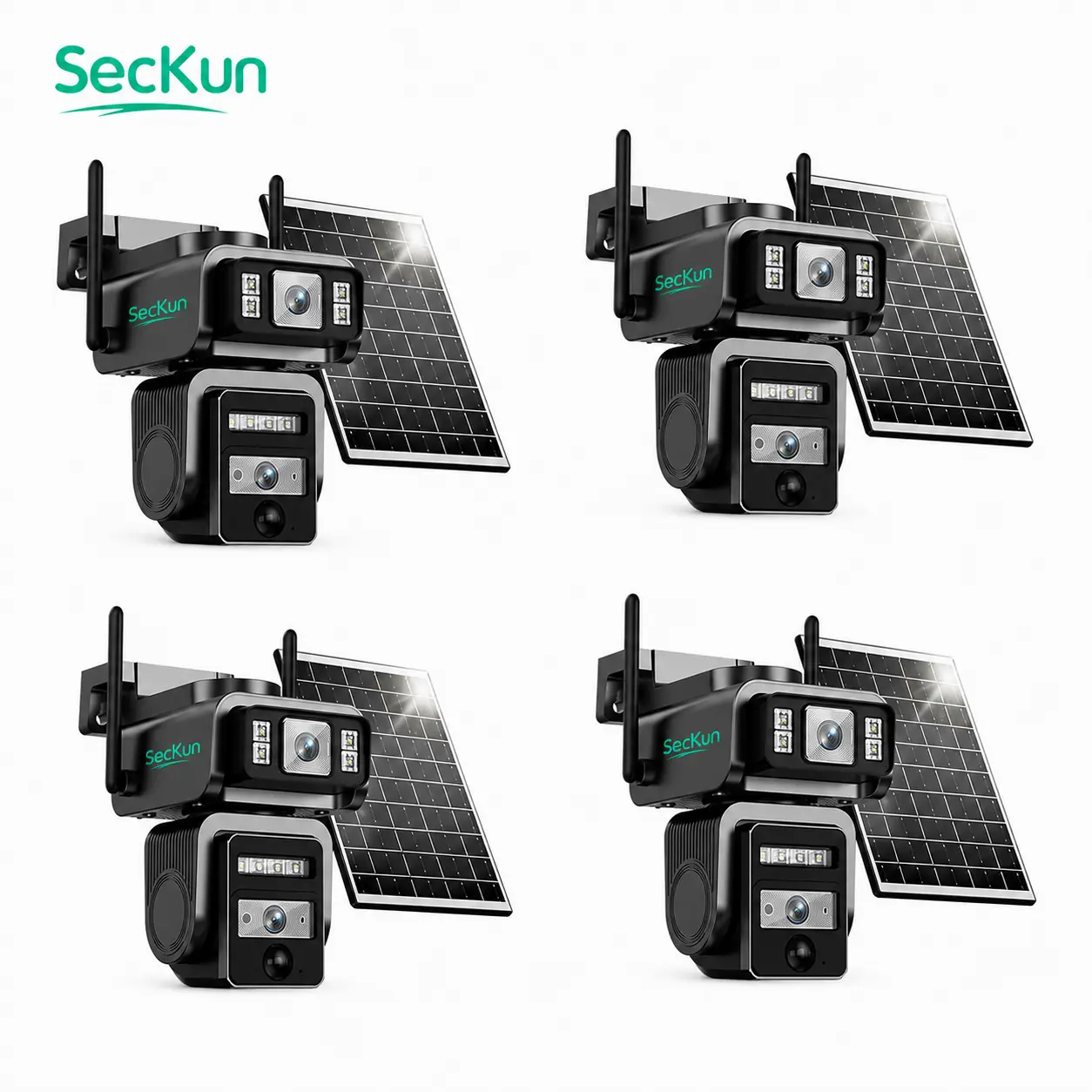 4-Pack Dual-Lens Solar Security Camera Bundle, 2K WiFi Outdoor PTZ Cameras with 360° Rotation, AI Human Detection, Auto Tracking, Color Night Vision, 2-Way Audio, Motion Alerts, No SIM Card Monthly Fee