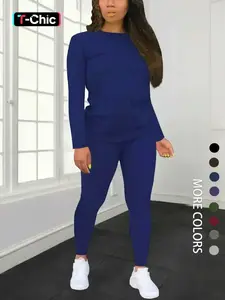 Women's Solid Long Sleeve Fitted Tee & Elastic Waist Pants Set, Casual Round Neck Top & Trousers for Spring & Fall, Women's Clothing for Daily Wear Womenswear