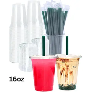 16 oz Clear Plastic Cups with Lids and STRAWS, Disposable Drinking Cups for Cold Drinks, Iced Coffee, Milkshakes, Smoothies, 25 Sets