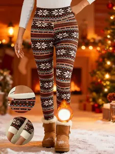 Women's Winter High Waist Plaid Fleece Lined Pants, Elastic Warm Lamb Velvet Nine-Point Leggings, Casual Fashion Fit S-Xxl