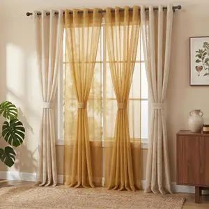 Summer Vibes, 52x84 Inch 6pcs Drop Drilling Sheer Combine Curtains for Living Room Bedroom Linen Sheer Curtains, Grommet Luxury Black Out Curtains for Windows Apartment FT2520 L12