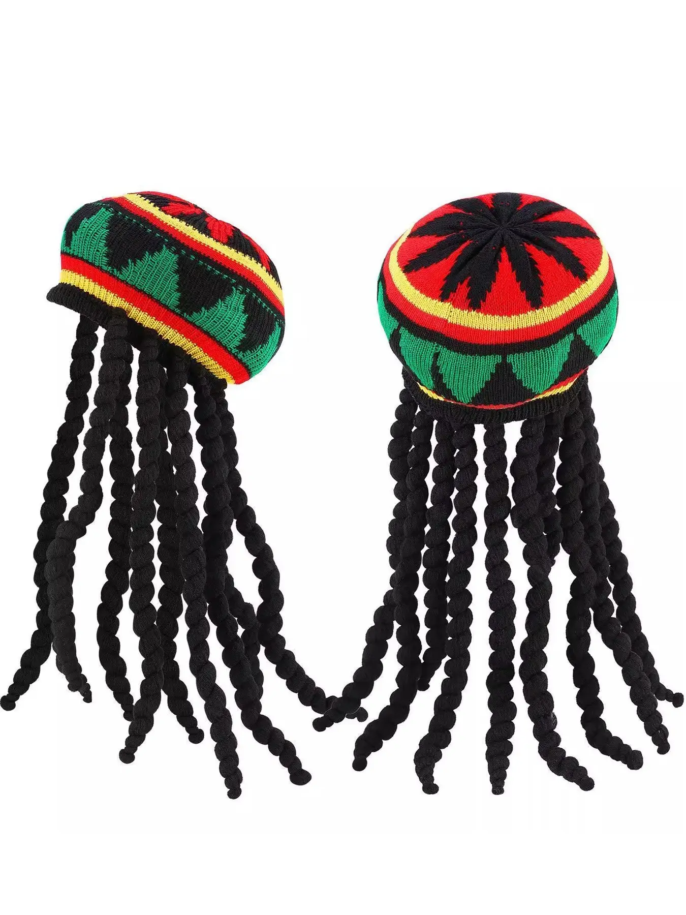 2 Pcs Rasta Hat with Black Dreadlocks Wig Rasta Wig with Dreads, Size 17.3, Knitted Hat Dreadlock Loc Cap
